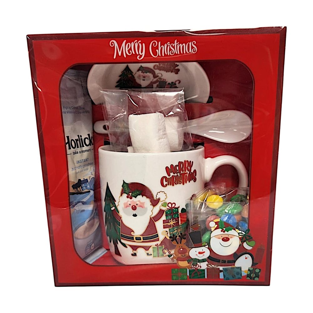 Christmas Assorted Treats Gift Hamper Holiday Mug & Treat Set with Hot Chocolate, Marshmallows, Chocolates, and Festive Mug Saucer Spoon