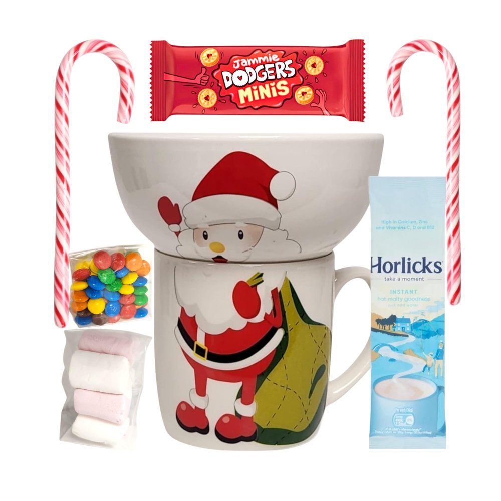 Christmas Hot Chocolate Mug Gift Set, Santa Design with Galaxy Hot Chocolate, Marshmallows, Chocolate Buttons, Festive Decorations