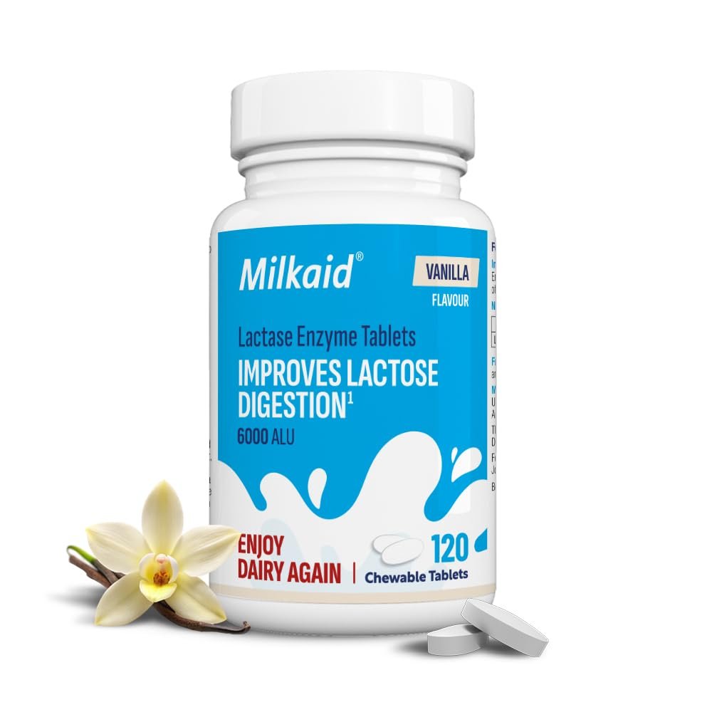 Milkaid Vanilla Lactase Enzyme Chewable Tablets for Lactose Intolerance Relief | Prevents Gas, Bloating & Diarrhoea | Fast Acting Dairy Digestive Supplement | Gluten Free & Vegan | 120 Tablets