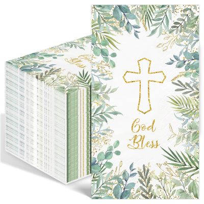 100PCS Greenery Religious Paper Napkins 3 Ply Blessed Cross Disposable Hand Towels for Bathroom Decorative Eucalyptus Guest Napkins for First Communion Holy Baptism Wedding Religious Party Supplies