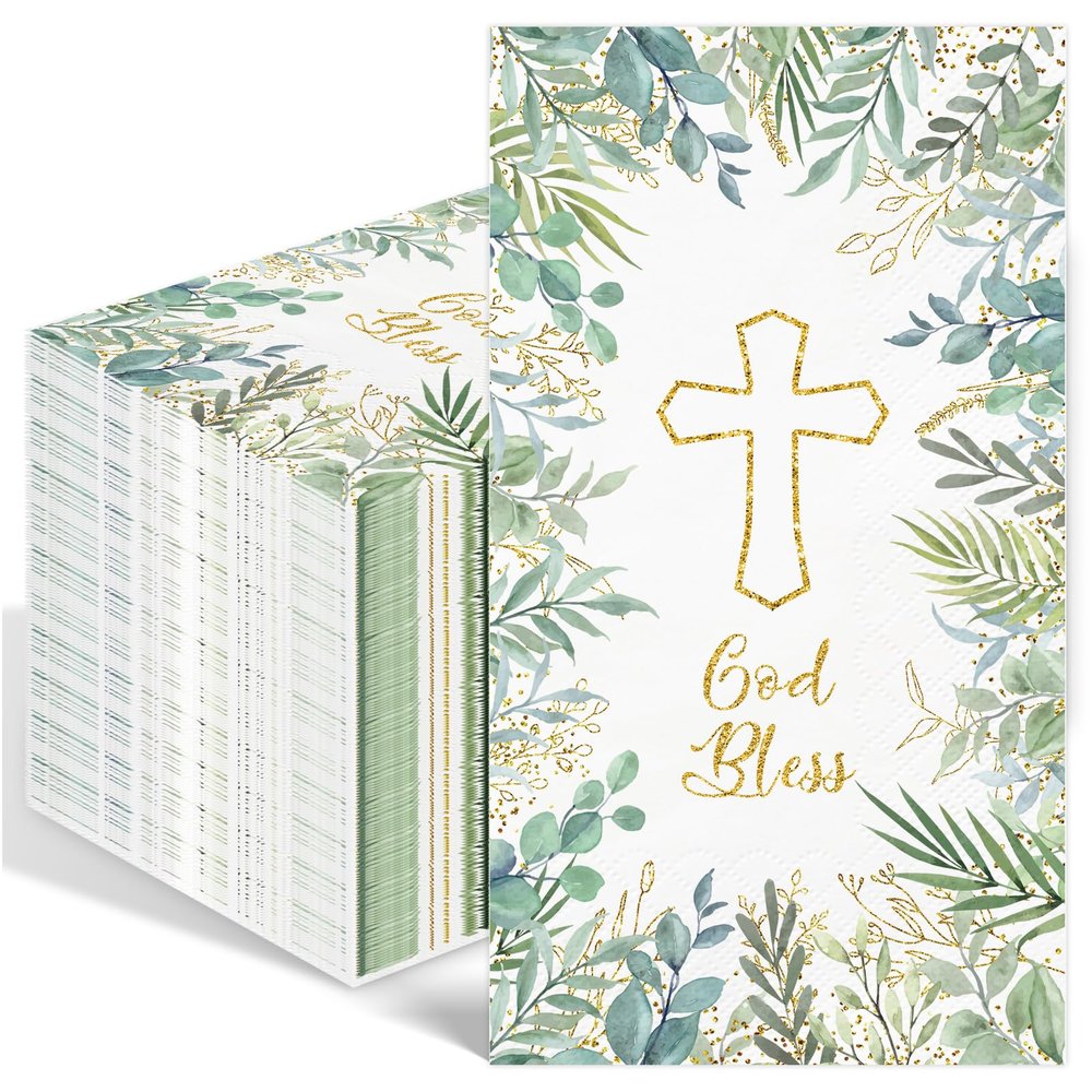 100PCS Greenery Religious Paper Napkins 3 Ply Blessed Cross Disposable Hand Towels for Bathroom Decorative Eucalyptus Guest Napkins for First Communion Holy Baptism Wedding Religious Party Supplies