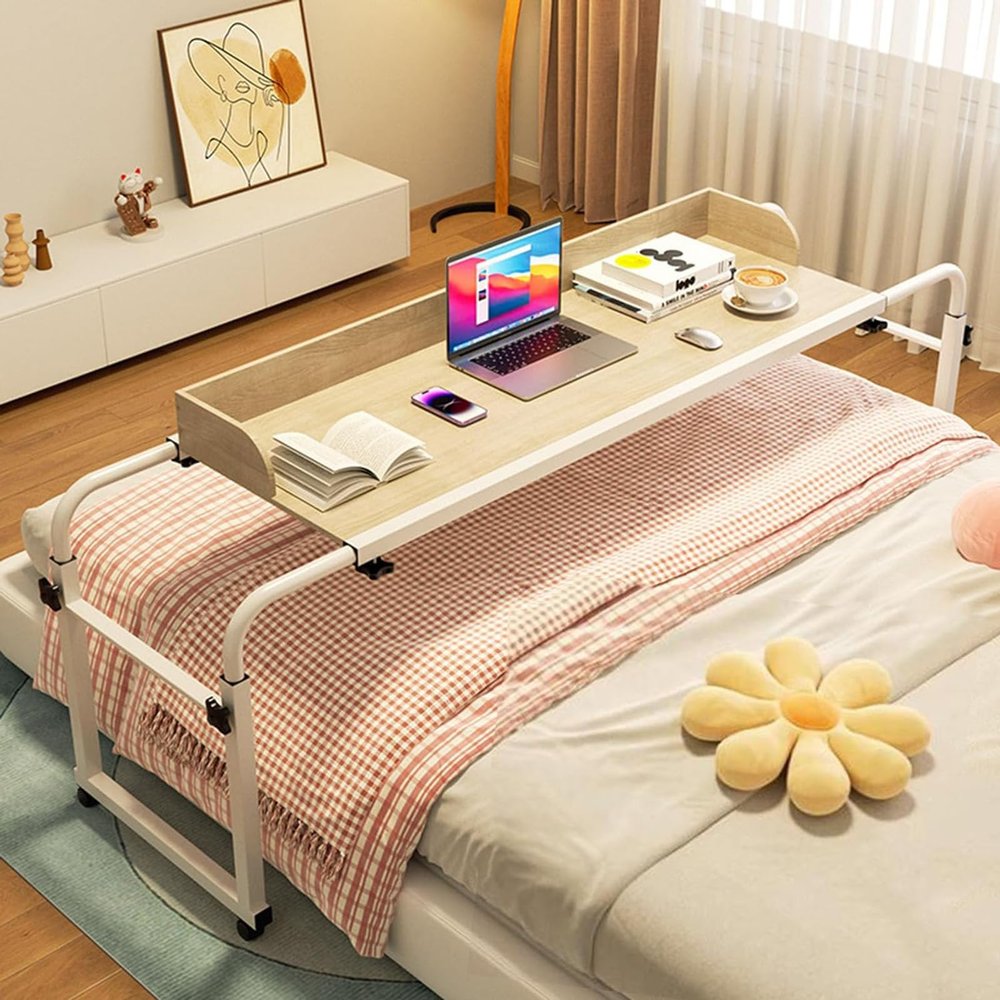 YHKJLYH Adjustable Overbed Table with Wheels Height and Length Adjustable Standing Workstation Mobile Cross Bed Desk Overbed Laptop Table Over Bed Desk(Color:Oak)