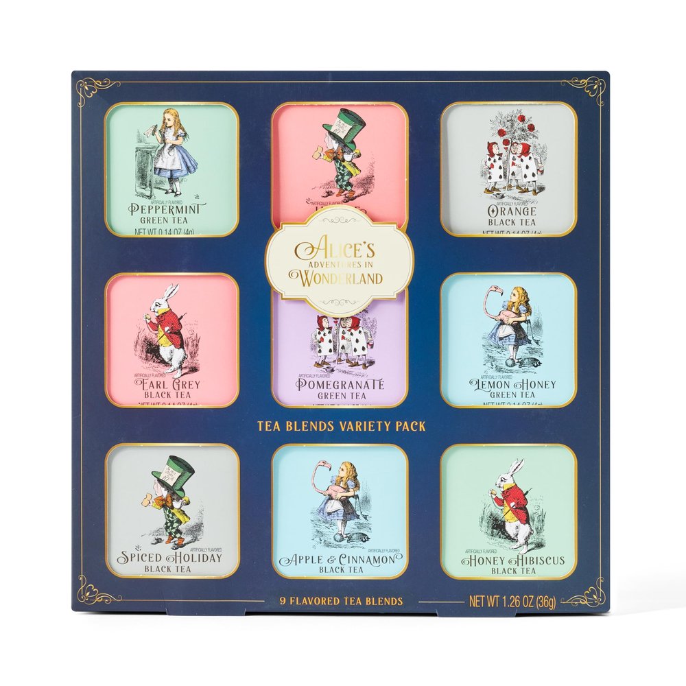 Alices Adventures in Wonderland, Assorted Tea Variety Pack, Includes 36 Tea Bags in 9 Flavors, Tea Gift Set Featuring Both Black and Green Teas
