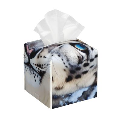 Blue Eyed Snow Leopard Printed Leather Tissue Box Cover Square Cute Tissue Box Holder Decorative Organizer for Bathroom Bedroom Office Car