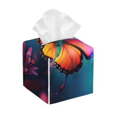 Beautiful Butterfly Printed Leather Tissue Box Cover Square Cute Tissue Box Holder Decorative Organizer for Bathroom Bedroom Office Car