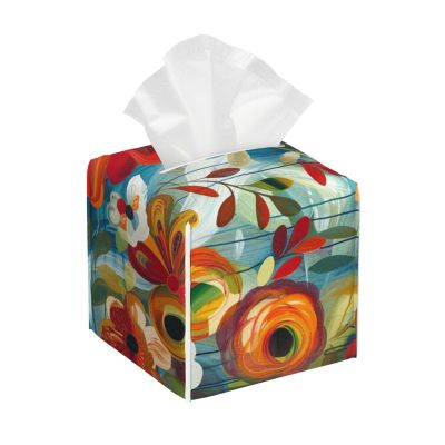 Abstract Floral Printed Leather Tissue Box Cover Square Cute Tissue Box Holder Decorative Organizer for Bathroom Bedroom Office Car
