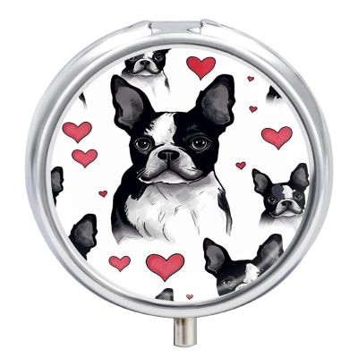 Pill Organizer Cute Round,Boston Terrier Heart Dog Printed Funny Pill Box Large 3 Compartment Weekly Monthly Travel Portable Pocket Purse Pill Container