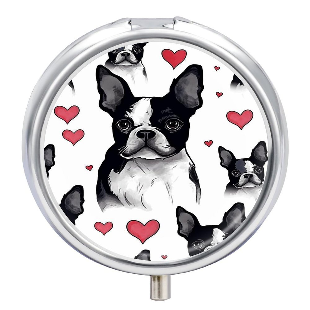Pill Organizer Cute Round,Boston Terrier Heart Dog Printed Funny Pill Box Large 3 Compartment Weekly Monthly Travel Portable Pocket Purse Pill Container