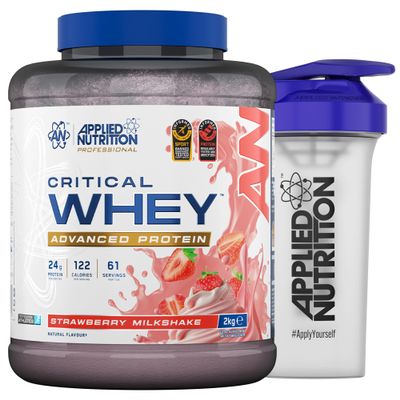 Applied Nutrition Critical Whey Protein Powder 2kg + Plastic Shaker - High Protein Powder, Muscle Building Supplement with BCAAs & Glutamine (2kg - 61 Servings) (Strawberry Milkshake)