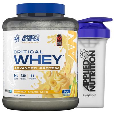Applied Nutrition Critical Whey Protein Powder 2kg + Plastic Shaker - High Protein Powder, Muscle Building Supplement with BCAAs & Glutamine (2kg - 61 Servings) (Banana Milkshake)