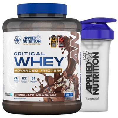 Applied Nutrition Critical Whey Protein Powder 2kg + Plastic Shaker - High Protein Powder, Muscle Building Supplement with BCAAs & Glutamine (2kg - 61 Servings) (Chocolate Milkshake)