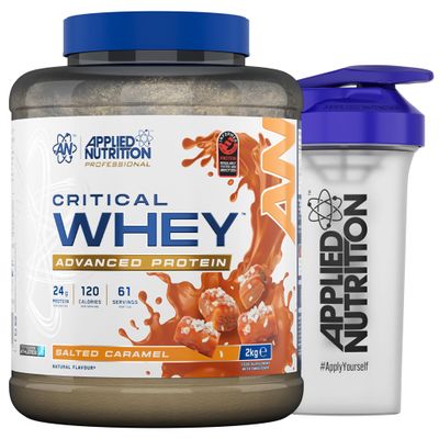 Applied Nutrition Critical Whey Protein Powder 2kg + Plastic Shaker - High Protein Powder, Muscle Building Supplement with BCAAs & Glutamine (2kg - 61 Servings) (Salted Caramel)