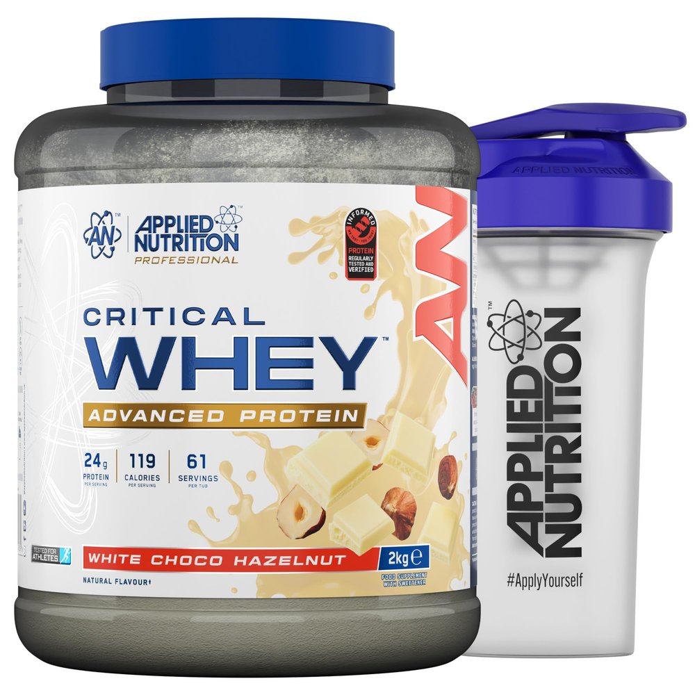 Applied Nutrition Critical Whey Protein Powder 2kg + Plastic Shaker - High Protein Powder, Muscle Building Supplement with BCAAs & Glutamine (2kg - 61 Servings) (White Choco Hazelnut)