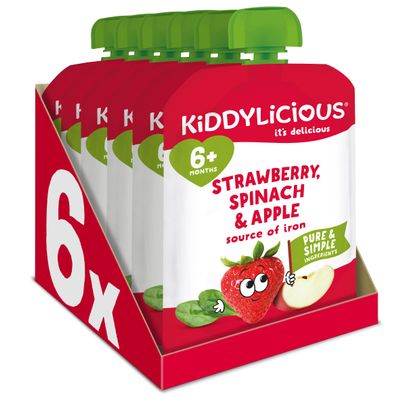 Kiddylicious Apple, Strawberry & Spinach Pouches - Delicious Pouches for Babies - Suitable for 6+ Months - 100g x 6 Packs
