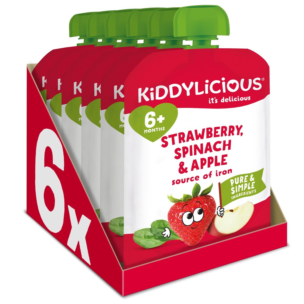 Kiddylicious Apple, Strawberry & Spinach Pouches - Delicious Pouches for Babies - Suitable for 6+ Months - 100g x 6 Packs
