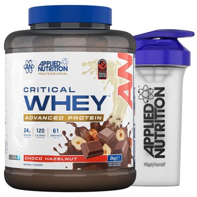 Applied Nutrition Critical Whey Protein Powder 2kg + Plastic Shaker - High Protein Powder, Muscle Building Supplement with BCAAs & Glutamine (2kg - 61 Servings) (Choco Hazelnut)