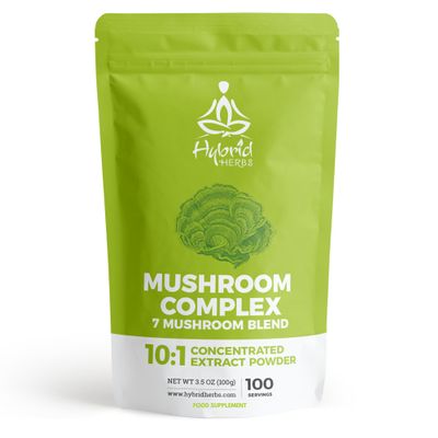 HYBRID HERBS  Mushroom Complex Powder 100g  10X Strength Lions Mane Reishi Cordyceps Chaga Tremella Shitake Maitake  7 High Potency Mushrooms Supplement for Brain, Energy, Immunity | 100 Servings