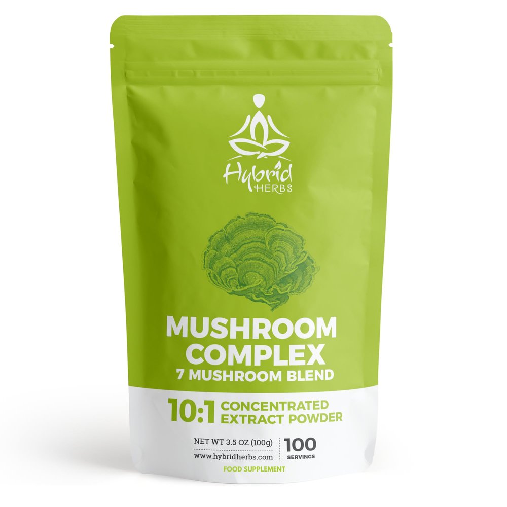 HYBRID HERBS  Mushroom Complex Powder 100g  10X Strength Lions Mane Reishi Cordyceps Chaga Tremella Shitake Maitake  7 High Potency Mushrooms Supplement for Brain, Energy, Immunity | 100 Servings