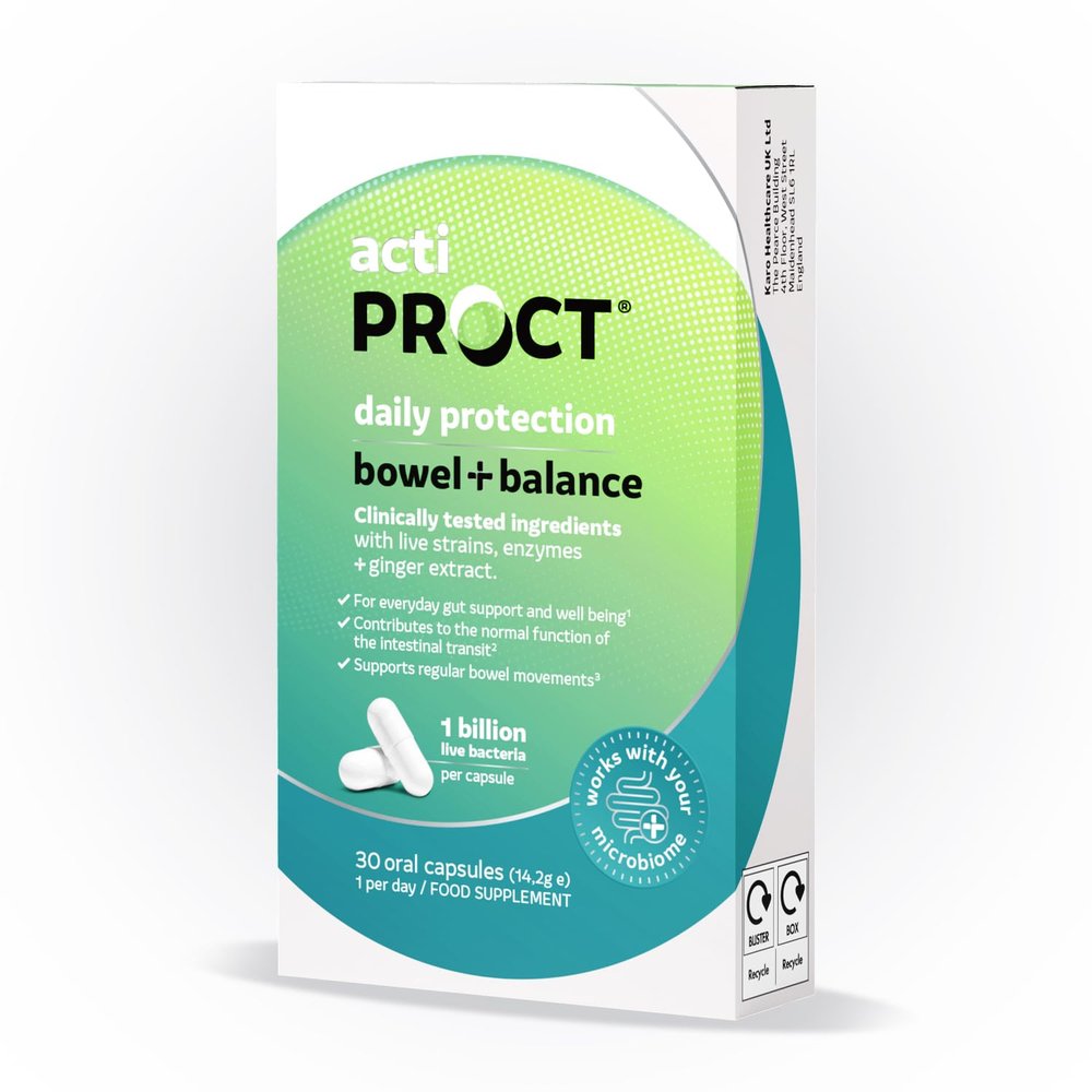 Probiotics for Bowel Balance & Gut Health Food Supplement with 1 Billion CFU with Live Strains, Enzyme and Ginger Extract Supports Regular Bowel Movements 30 Vegan Capsules ActiProct