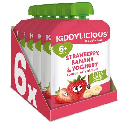 Kiddylicious Strawberry, Banana & Yoghurt Fruit Pouches - Suitable for 6+ Months - 6 Pack