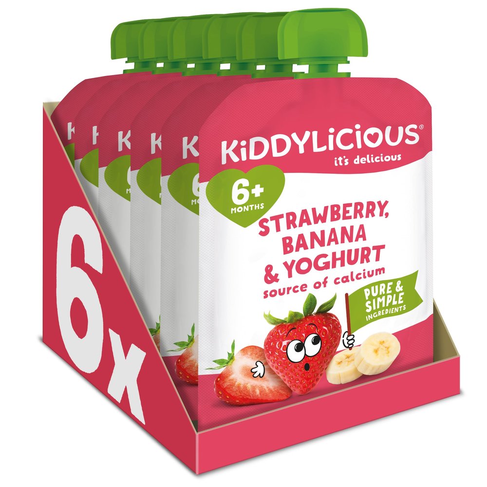 Kiddylicious Strawberry, Banana & Yoghurt Fruit Pouches - Suitable for 6+ Months - 6 Pack