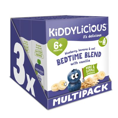 Kiddylicious Bedtime Blend Blueberry, Banana & Oat Pouches - Delicious Pouches for Babies - Suitable for 6+ Months - 3 Packs of 4 (12 Total)