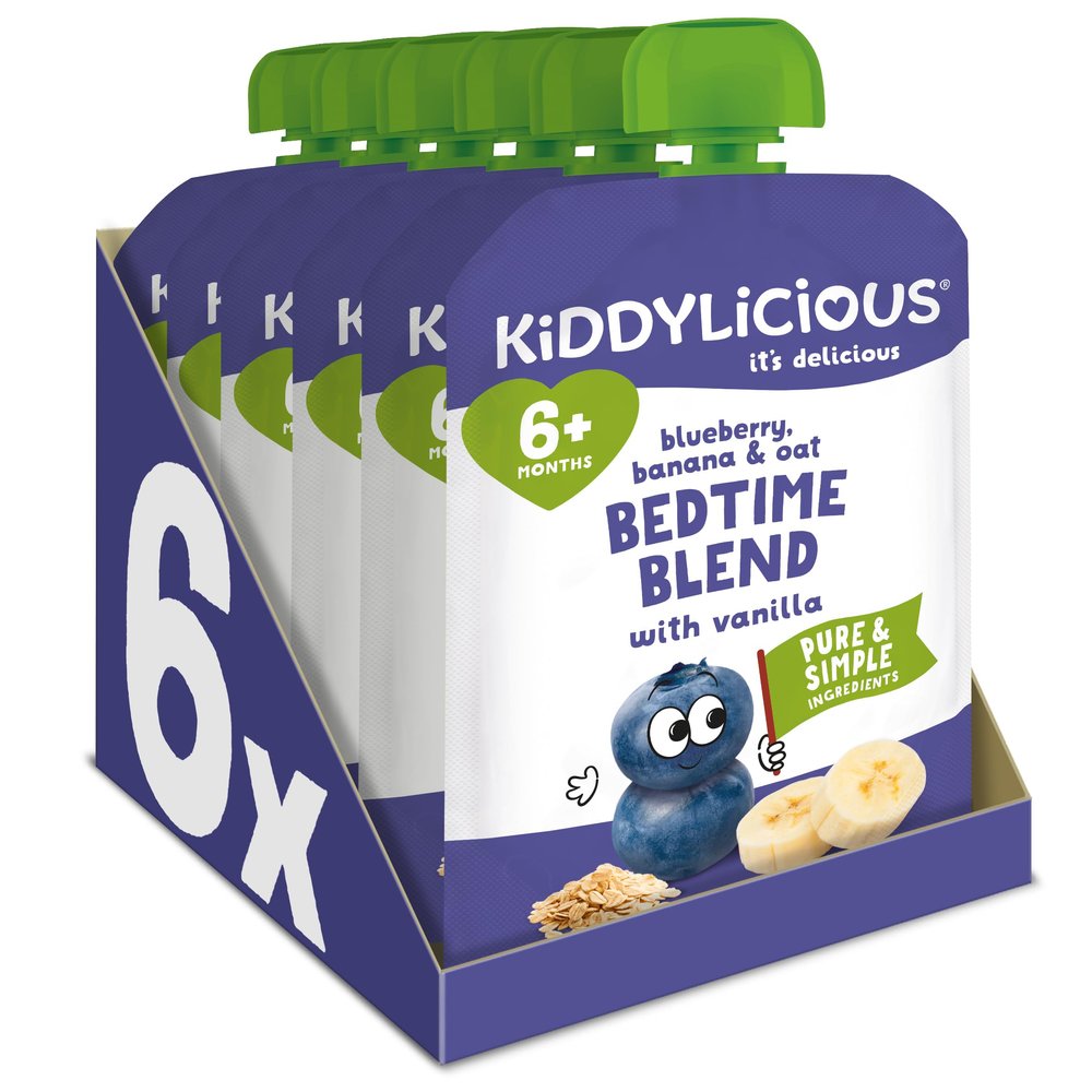 Kiddylicious Bedtime Blend Blueberry, Banana & Oat Pouches - Delicious Pouches for Babies - Suitable for 6+ Months - 100g x 6 Packs