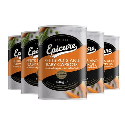 Epicure Petit Pois Baby Carrots, Tinned Vegetables in Water with Sugar and Salt, 400 g (Pack of 12)