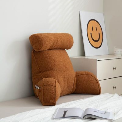 YOUGANG Luxury Faux Fur Reading Pillow with Arms,Lumbar Pillow Rest Sofa Bolster Back Rest Support Cuddle Cushion for Sitting Reading Gaming Watching TV (Coffee)