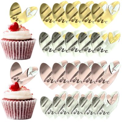 20 Pcs Love Heart Cupcake Toppers Glitter Acrylic Mirror Disc Round Cake Engraved Topper Charms Cake Decoration for Valentine's Day Wedding Mother's Day Birthday Party (Gold Silver Rose Gold)