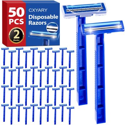 CXYARY 50 Pcs Disposable Razors With Lubricating Strip, 2 Blade Razors with Clear Safety Cap, Disposable Razors Bulk for Men Women, Multipurpose Portable Shave Razor for Bathing Hotel Travel, Blue
