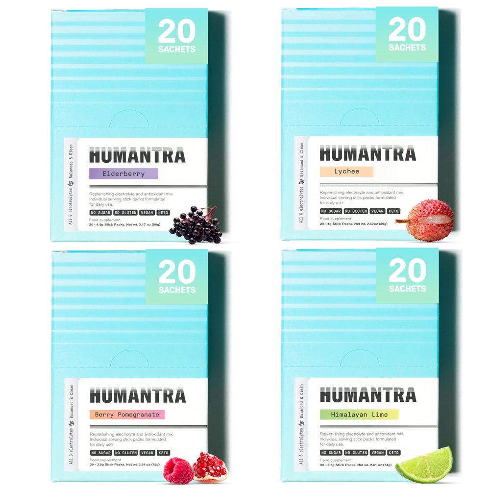 Humantra Electrolytes Powder - 4-Pack All Flavor Bundle, 80ct - Powdered Hydration Sachets - Plant-Based Electrolyte Powder with 6 Electrolytes - Vegan, Sugar Free, Gluten Free