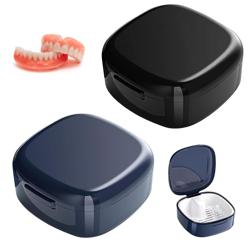 2 Denture Bath Case Portable Denture Box Retainer Denture Box Plastic False Teeth Bath Box Braces Box Denture Cleanning Set Dentures Container with Strainer for Storing Soaking Dentures