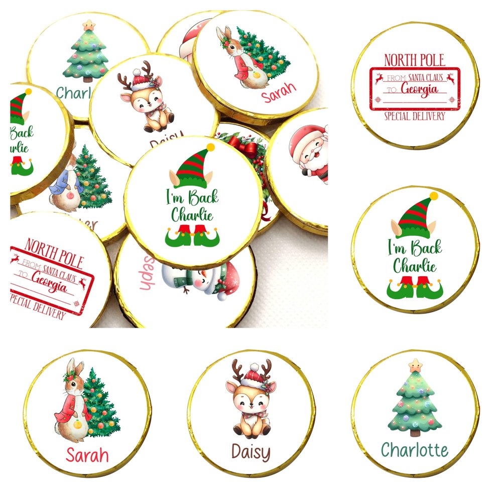 5 x Personalised Christmas Chocolate Coins Stocking Filler Christmas Eve Boxes Secret Santa Advent Santa Elf Reindeer Snowman