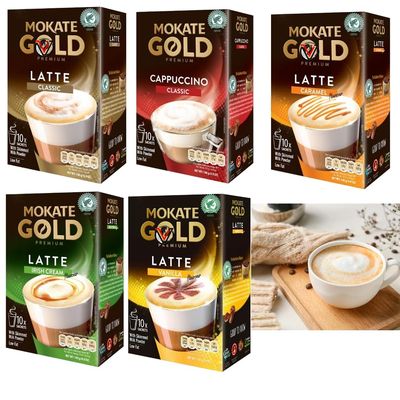 Mokkatte Gold Premium Original,Caramel,Cappuccino,irish,Vanilla Latte 10pk Sachets - 5 x Mixed Flavours of Sachets Box 140g