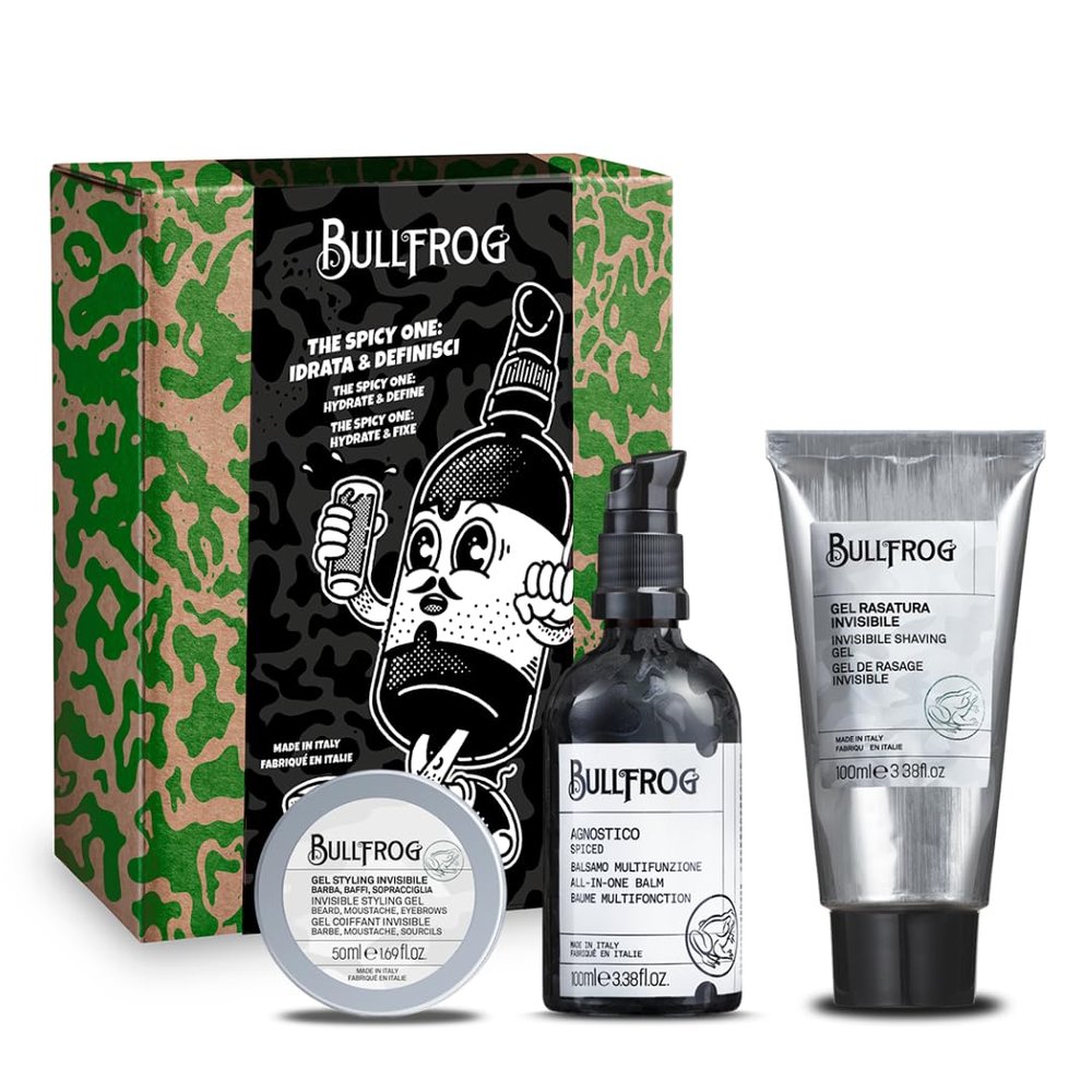 Bullfrog - The Spicy One Kit Hydrate & Define 3-in-1, Limited Edition, Agnostic Spiced Multi-Purpose Balm 100ml, Invisible Shaving Gel 100ml, and Invisible Styling Gel 50ml