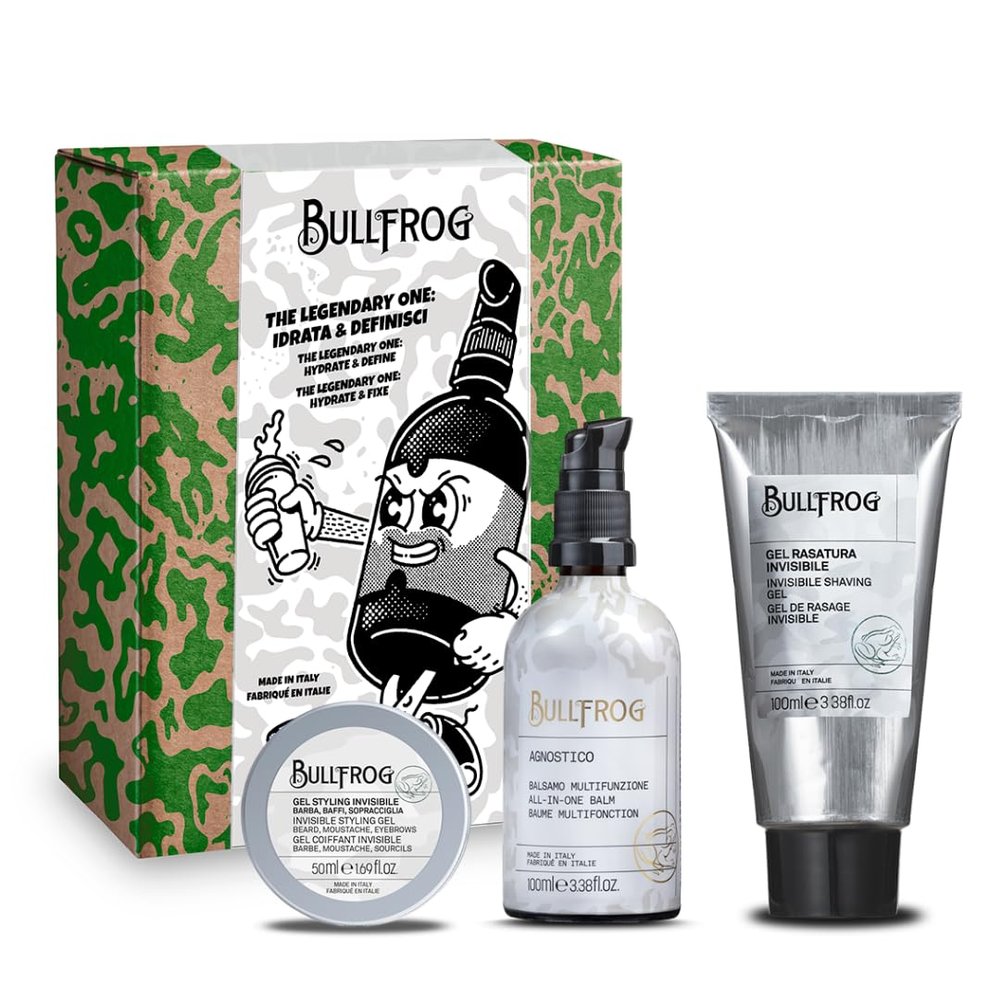 Bullfrog - The Legendary One Kit Hydrate and Define 3-in-1, Limited Edition, Original Multipurpose Agnostic Balm 100ml, Invisible Shaving Gel 100ml, and Invisible Styling Gel 50ml