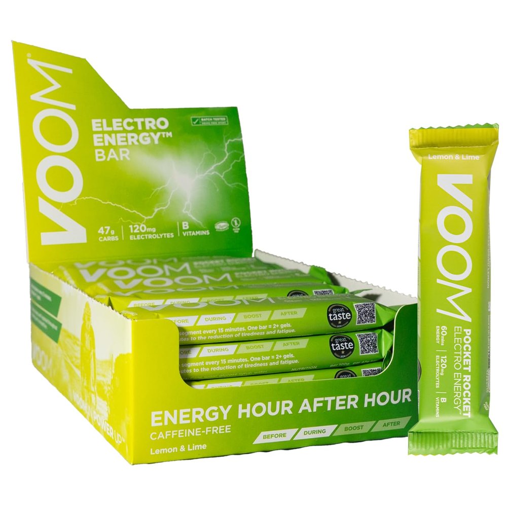 VOOM Pocket Rocket Electro Energy Bar - 47g Lemon and Lime - Electrolyte Bar for Running, Cycling, Endurance Sports - Lightweight Snack - 120mg Electrolytes, 45g Fast-acting Carbs - Gluten Free, Vegan