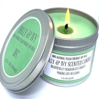 Holly and Ivy Scented Soy Wax Candle - Handmade BFC - Holly and Ivy Scented 36 Hours Burn Time 8 Oz 180 Grams Soy Wax Candle Silver Brush Finish Tin. Shipping on 48 Hour Tracked Service