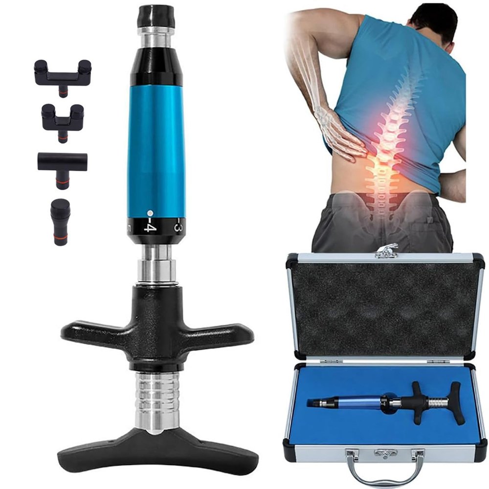 Chiropractic Adjustment Tool + 4 Massage Heads, 6 Levels Manual Spine Massager, for Scoliosis Adjuster Spine Activator, 50-300N Adjustable Force,Blue