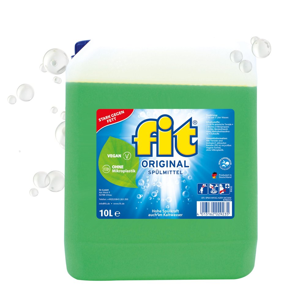 fit Hand Washing Up Liquid 10 L Canister, Dishwasher Detergent Against Grease and Strength, Skin-Friendly, Vegan, Microplastic-Free, Original