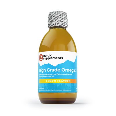 Nordic Supplements High Strength 200ml Omega 3 Fish Oil. Taste Award Winning Lemon Flavoured and Tested.