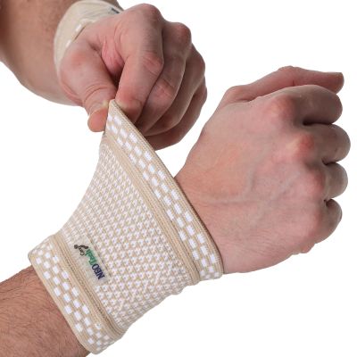 Neotech Care Wrist Brace - Light, Elastic & Breathable - Men, Women, Right or Left - for Sweat, Sports, Exercise, Workout, Gym (Beige Colour, Size M, 1 Pair)