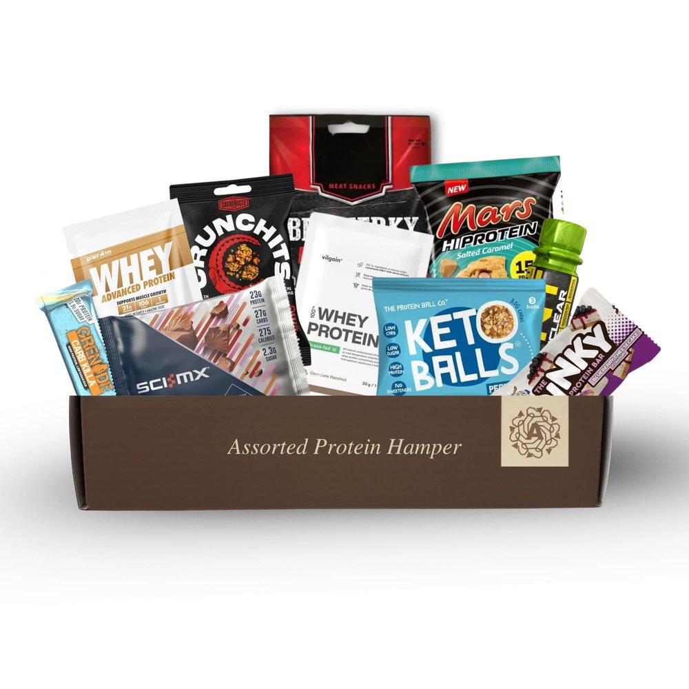 Protein Hamper - This Protein Gift Set & Fitness Hamper includes 10x items. Gym Gifts for Men & Women. Mens Snacks Gift Set. Protein Gift Box.