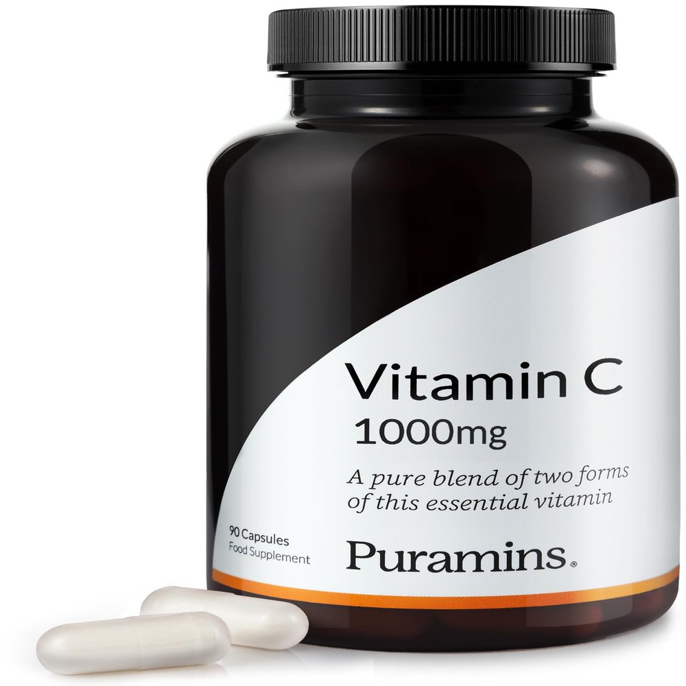 Pure Vitamin C 1000mg, 90 High Strength Capsules (Not Tablets), No Additives, Fillers or Magnesium Stearate, Ascorbic Acid and Sodium Ascorbate Powder Complex, VIT C, Made in The UK by Puramins