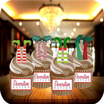 12 x Elf Feet Mix STAND UP Edible Wafer or Icing Cupcake Toppers Christmas Party Cake Decorations Perfect For Brownies Cookies Muffins & More! (Edible Wafer Card)