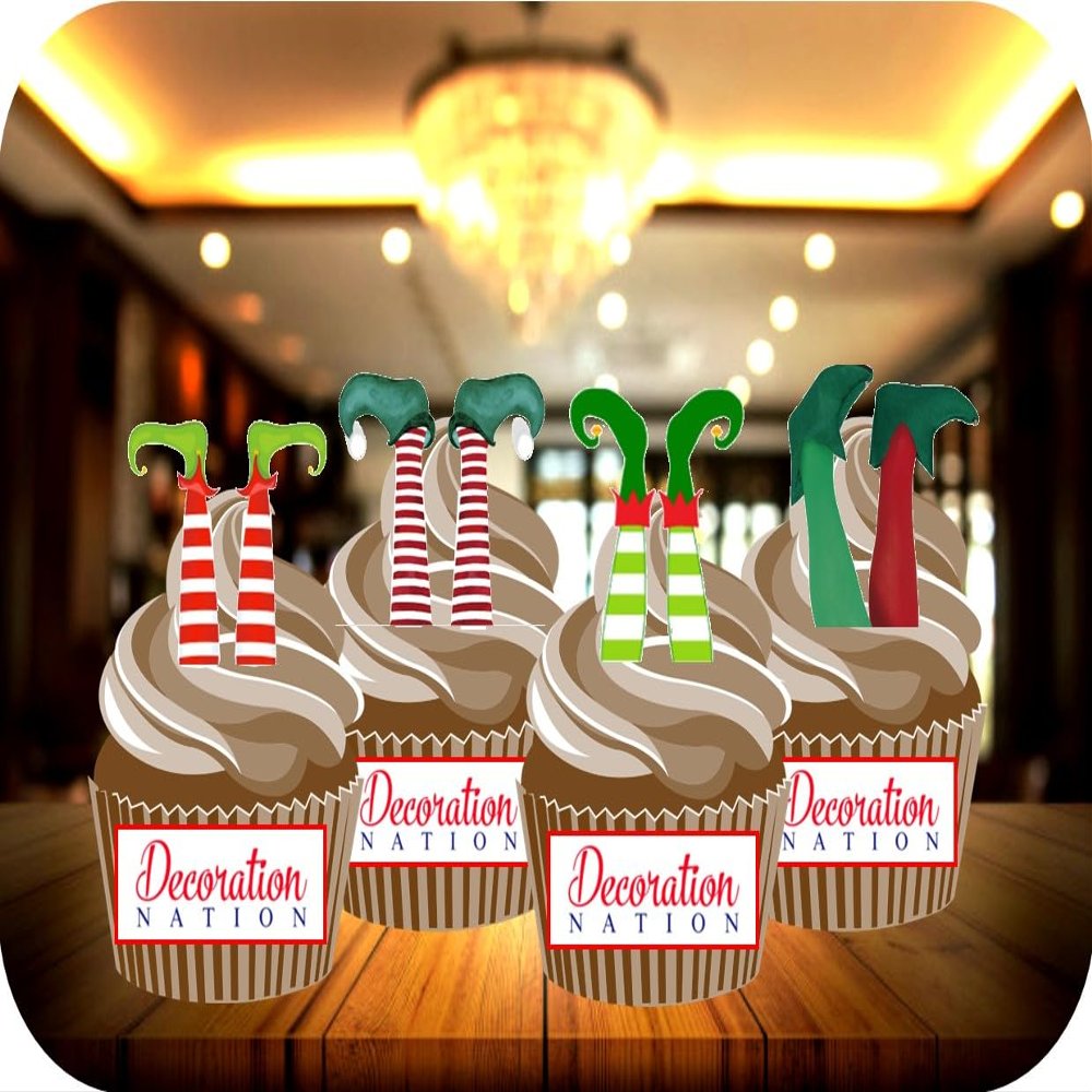 12 x Elf Feet Mix STAND UP Edible Wafer or Icing Cupcake Toppers Christmas Party Cake Decorations Perfect For Brownies Cookies Muffins & More! (Edible Wafer Card)