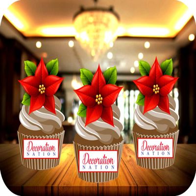 12 x Poinsettia STAND UP Edible Wafer or Icing Cupcake Toppers Christmas Party Cake Decorations Perfect For Brownies Cookies Muffins & More! (Edible Wafer Card)