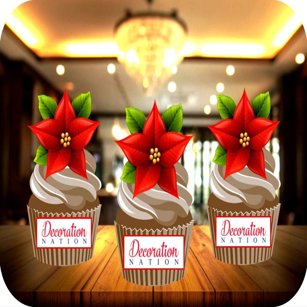 12 x Poinsettia STAND UP Edible Wafer or Icing Cupcake Toppers Christmas Party Cake Decorations Perfect For Brownies Cookies Muffins & More! (Edible Wafer Card)