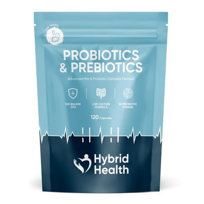 Hybrid Health Probiotics + Prebiotics Supplement - 100 Billion CFU Probiotics, 120 Vegan Capsules, 20 Probiotic Live Culture Strains, Probiotics for Women & Men